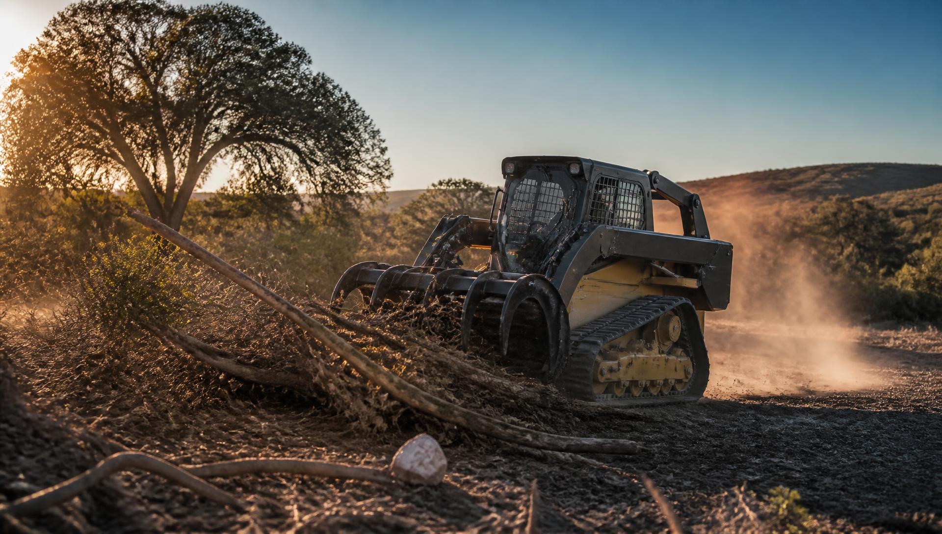 Skid steer loader clearing land on a Texas property at sunset